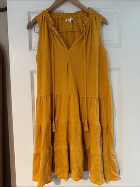 Mustard Tiered Sleeveless Mini Dress with Tassel Tie
